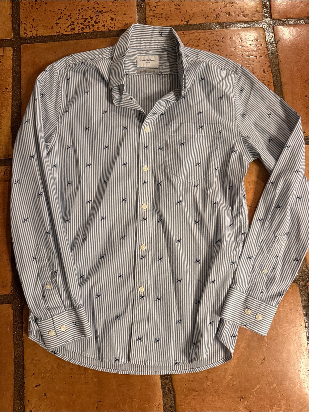 Goodfellow & Co Blue and White Striped Slim Cut Button-Up Shirt with Navy Pups 🐶